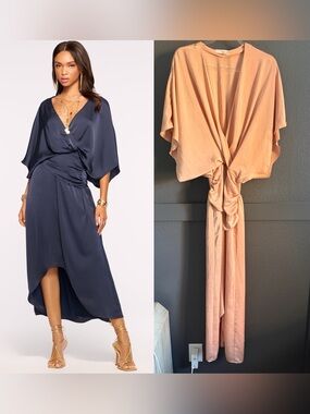 RAMY BROOK • Adiel wrap midi dress in peach satin - Small